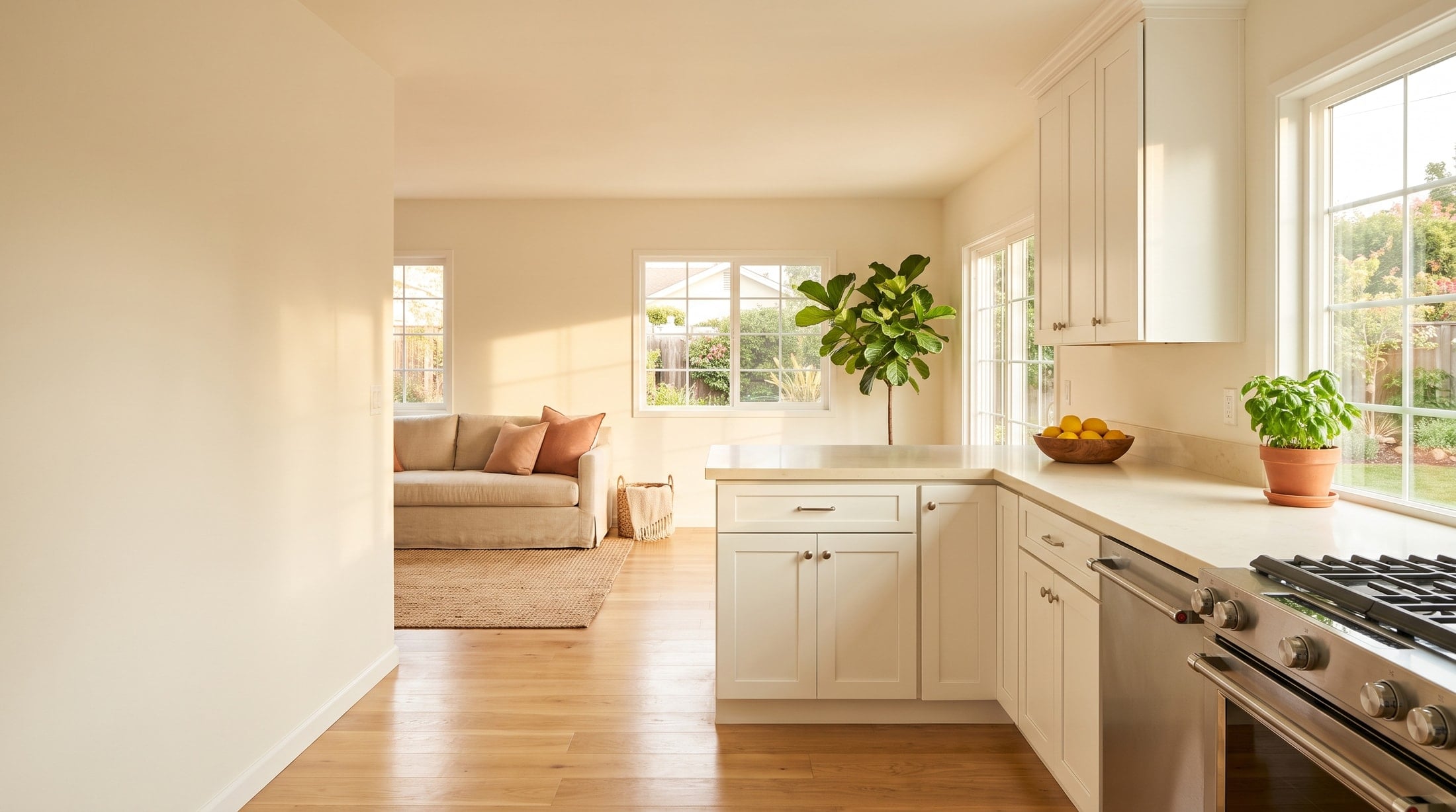 A bright, freshly cleaned kitchen and living room in a Simi Valley home