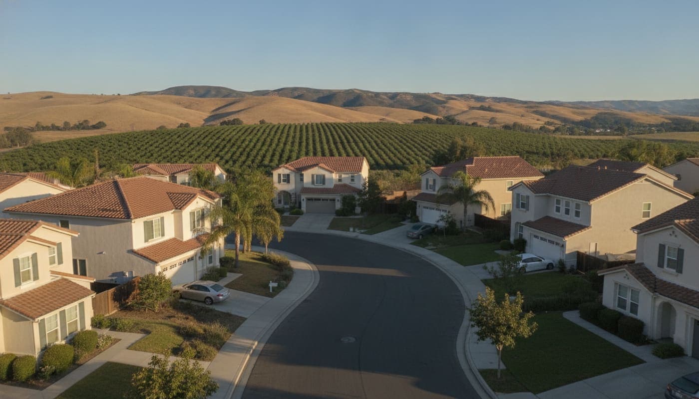 Moorpark homes with orchard rows and golden hills in the distance