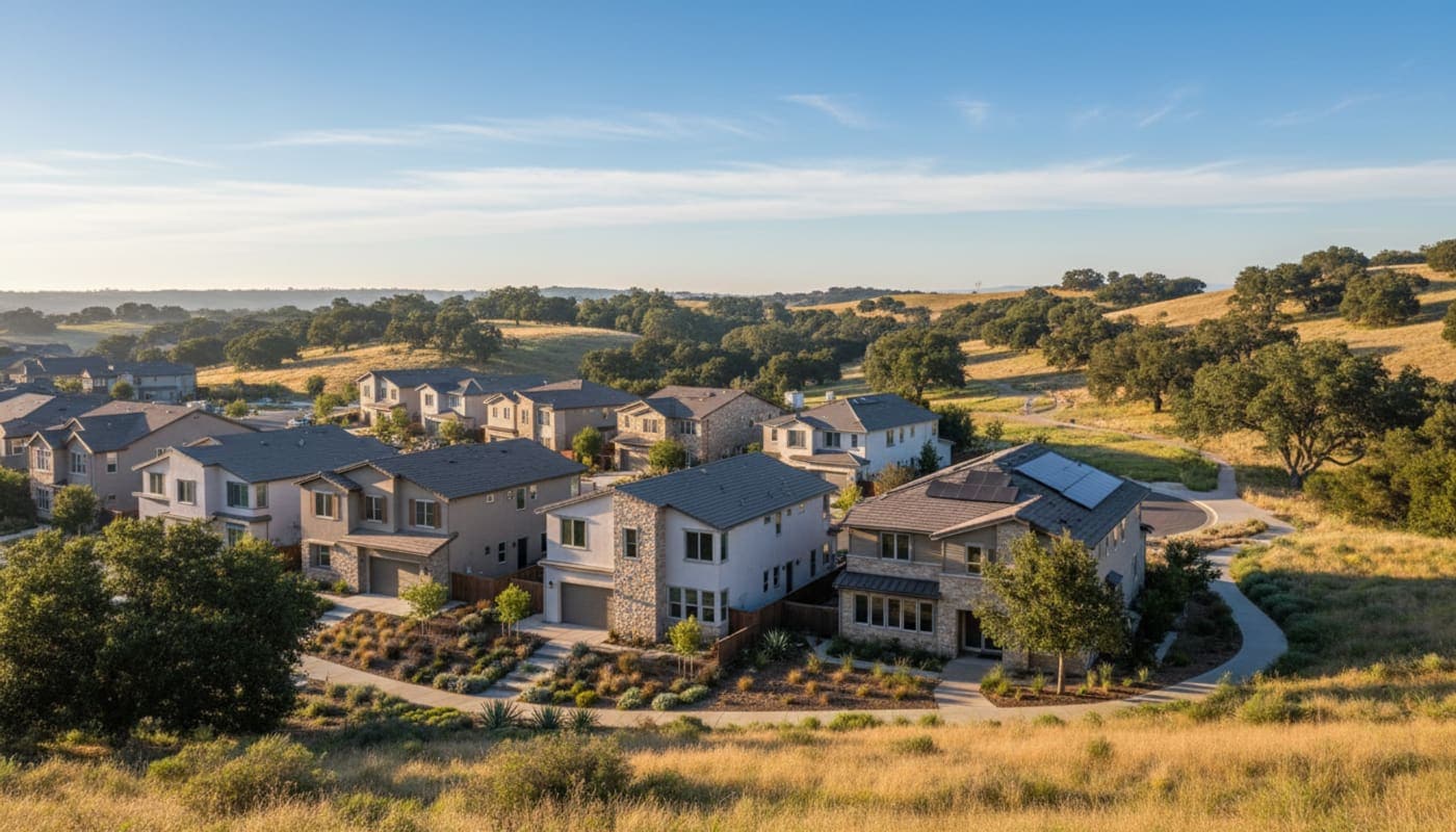Oak Park homes beside oak-dotted hillside open space