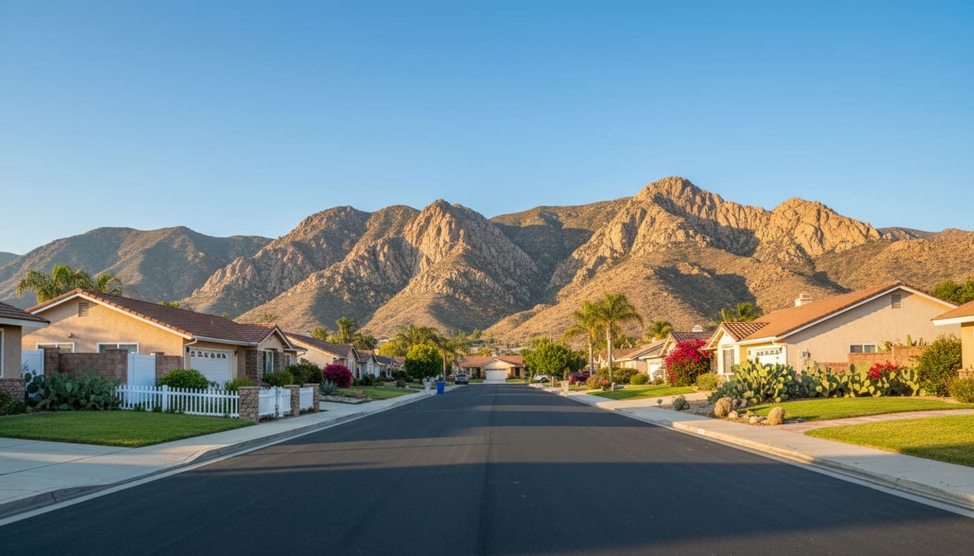 A Simi Valley neighborhood street with the rocky Santa Susana hills behind
