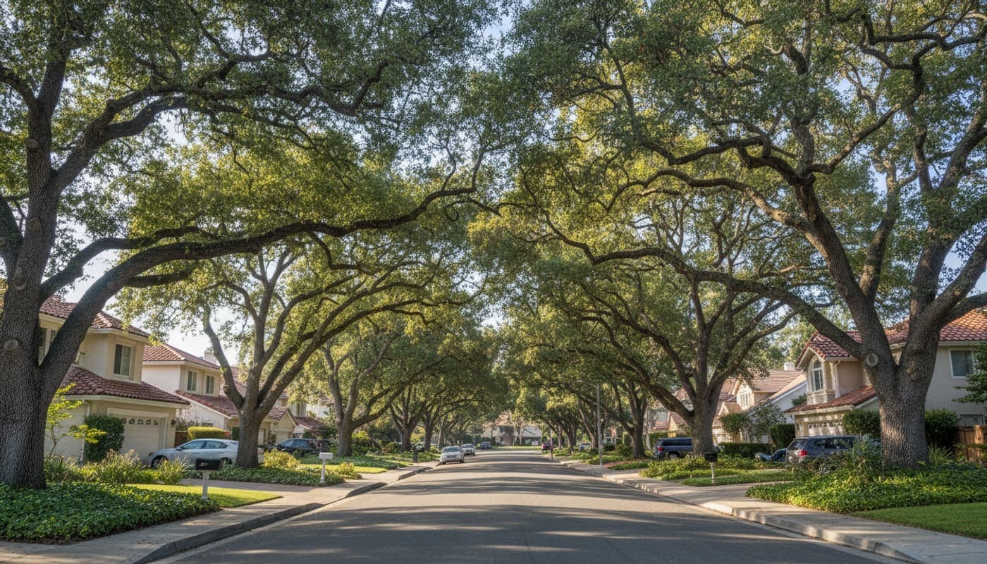 A Thousand Oaks street shaded by old coast live oaks