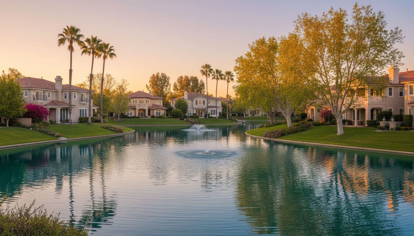 Westlake Village homes along a calm lake with a fountain