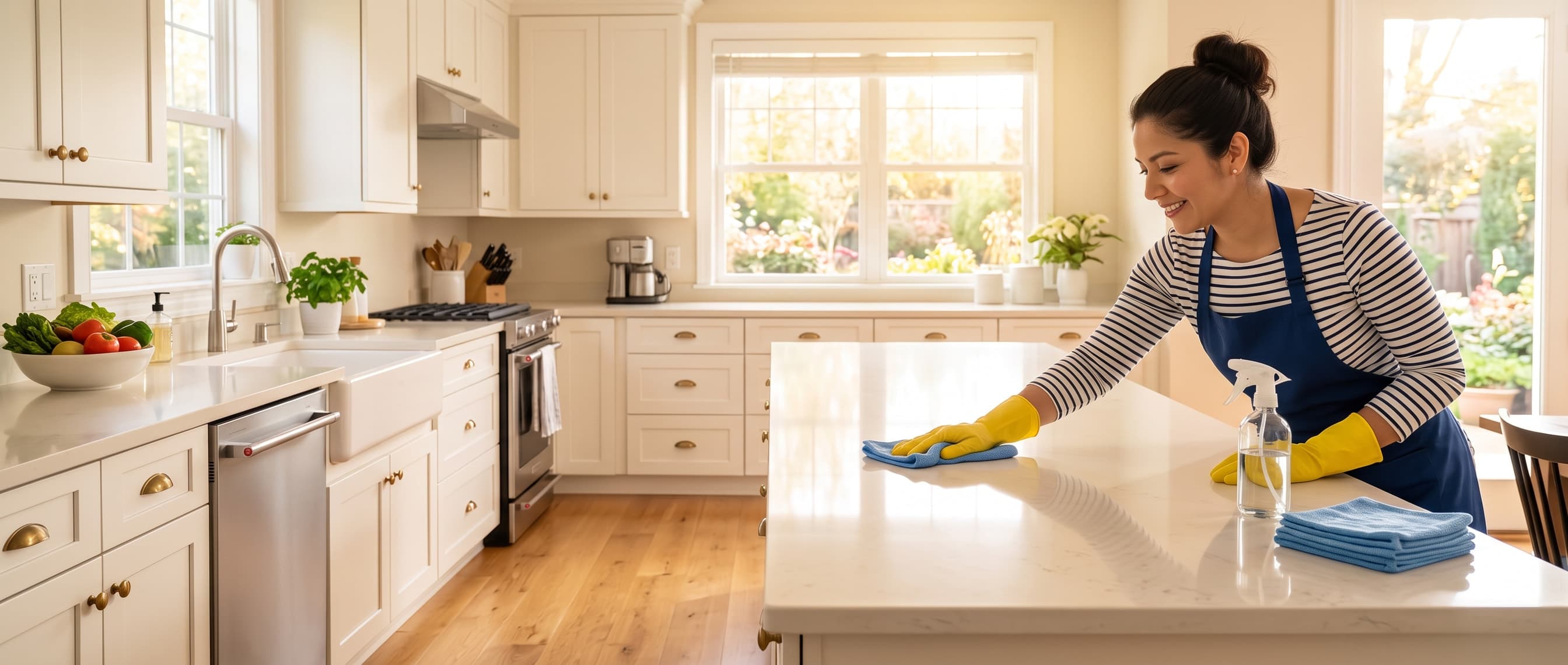 Wiping down a spotless quartz kitchen counter during a recurring clean