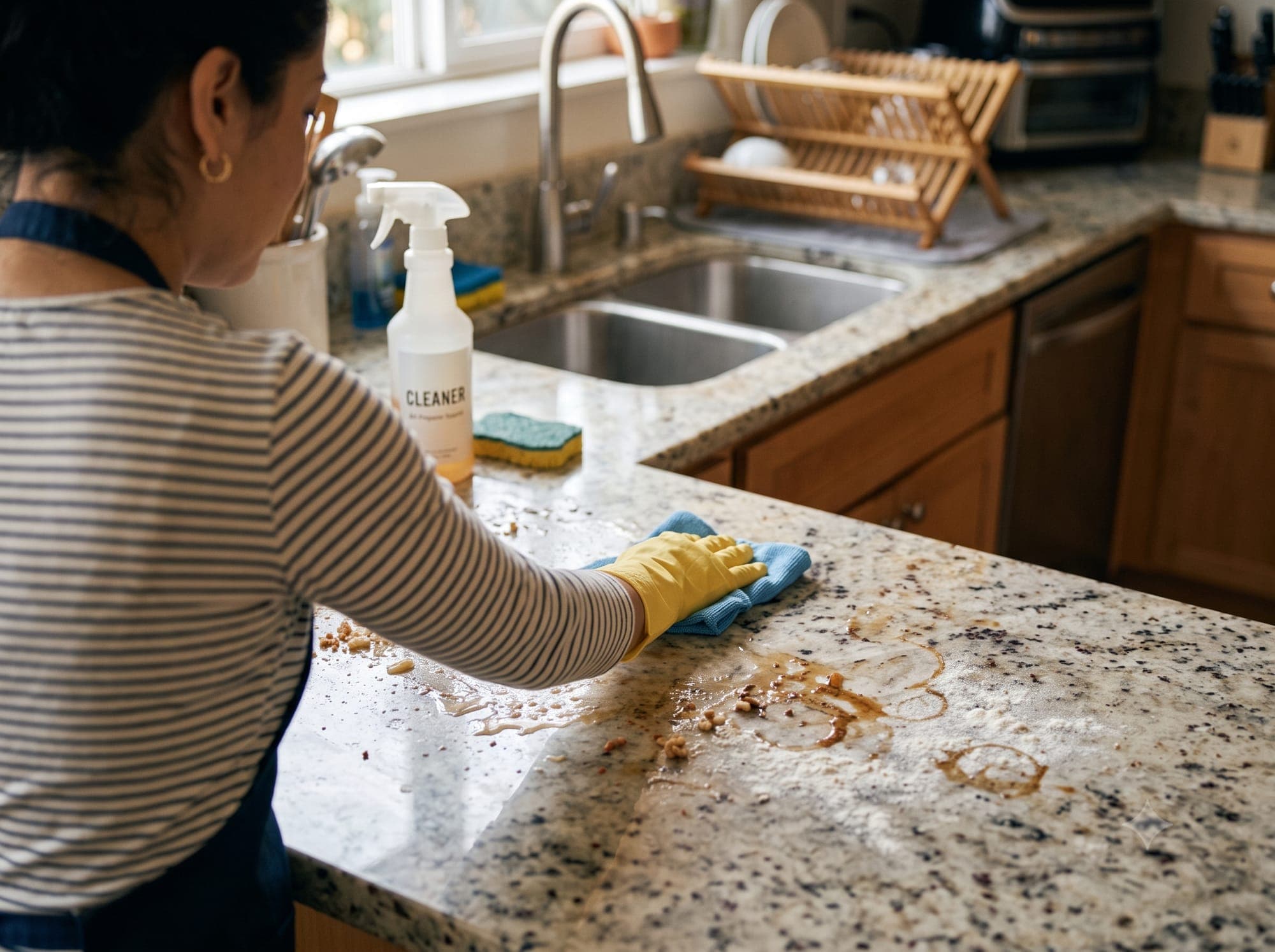 Wiping down a granite kitchen counter during a recurring clean