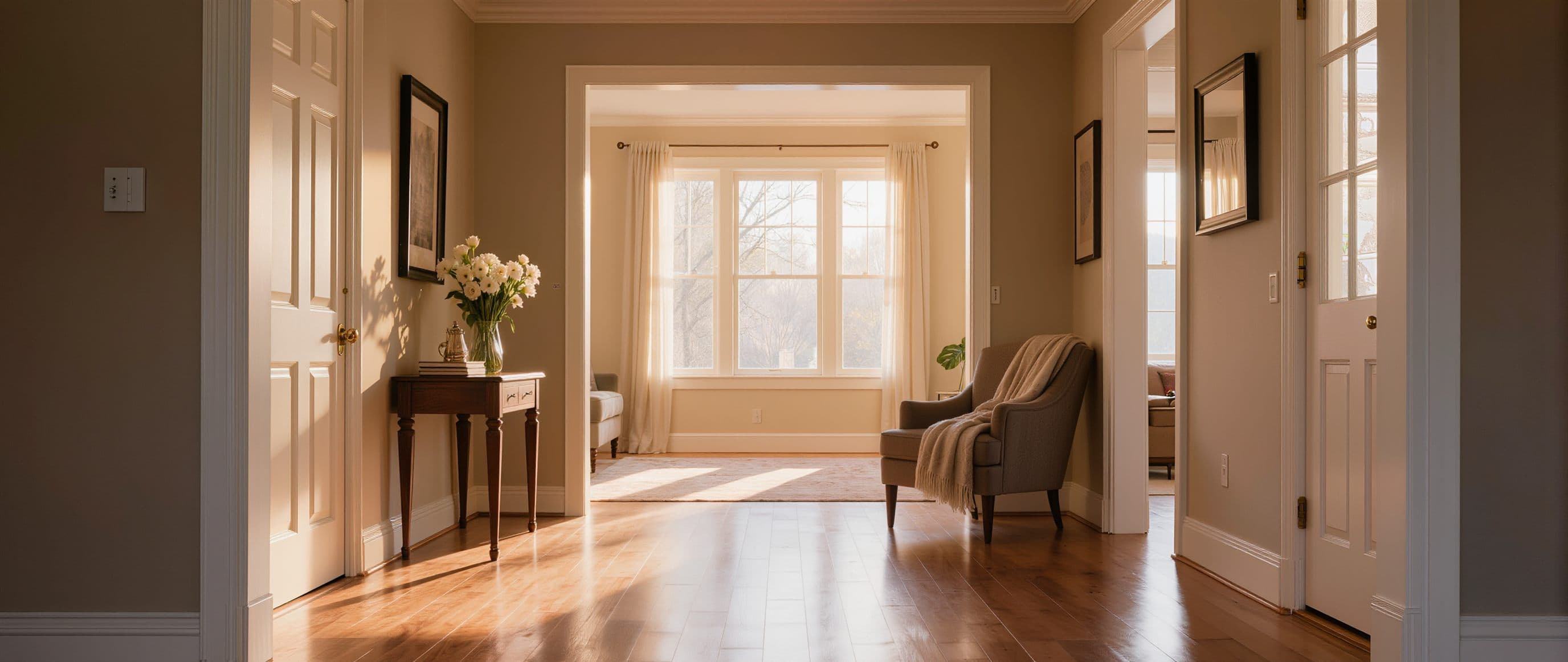 A sun-lit, freshly cleaned entryway with gleaming wood floors and fresh flowers on a console table