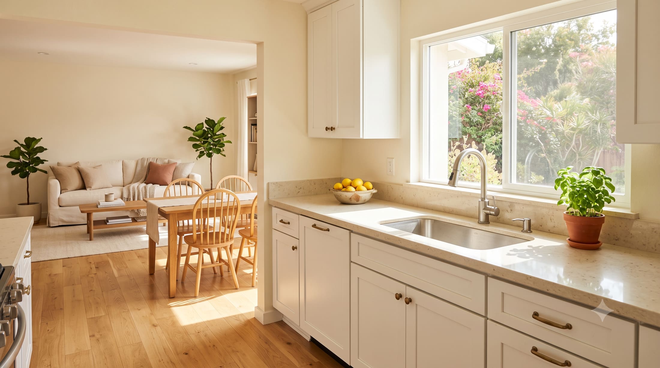 A bright, freshly cleaned kitchen and living room in a Simi Valley home