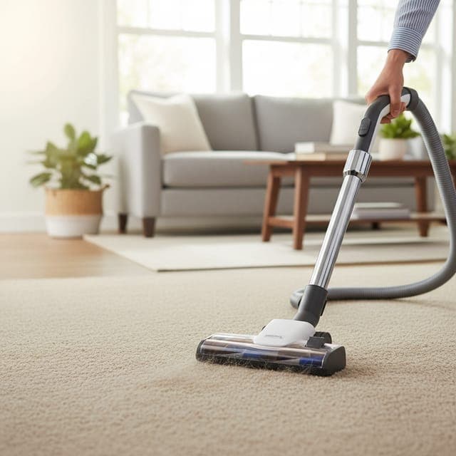 A HEPA vacuum cleaning carpet in a bright living room