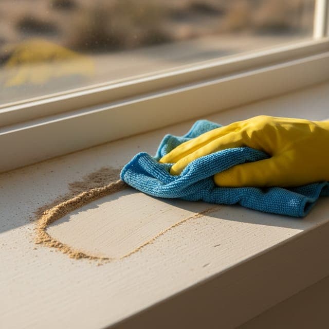 A gloved hand wiping a streak through fine wind-blown dust on a windowsill