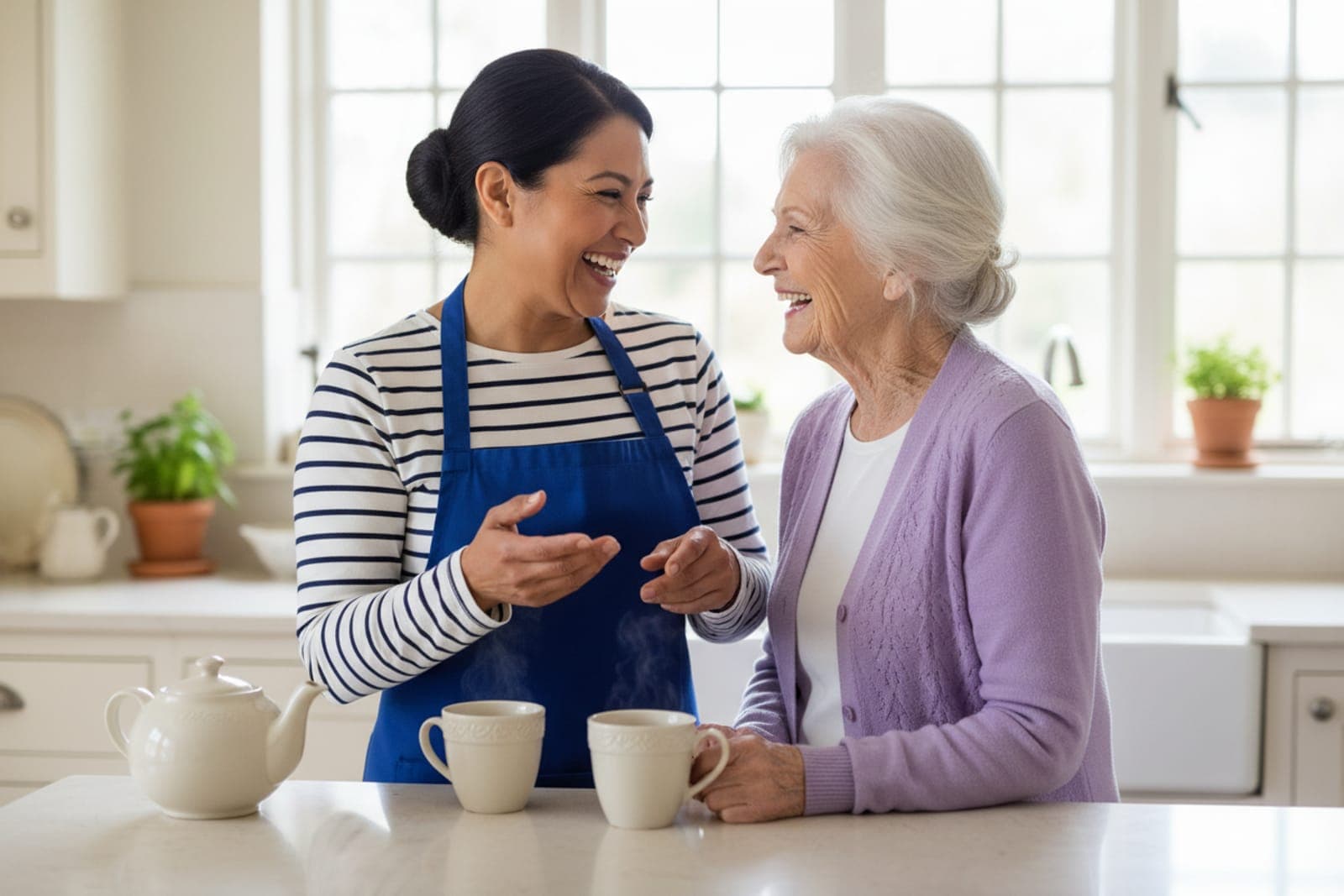 A cleaner sharing a laugh with an older client over tea in a bright kitchen