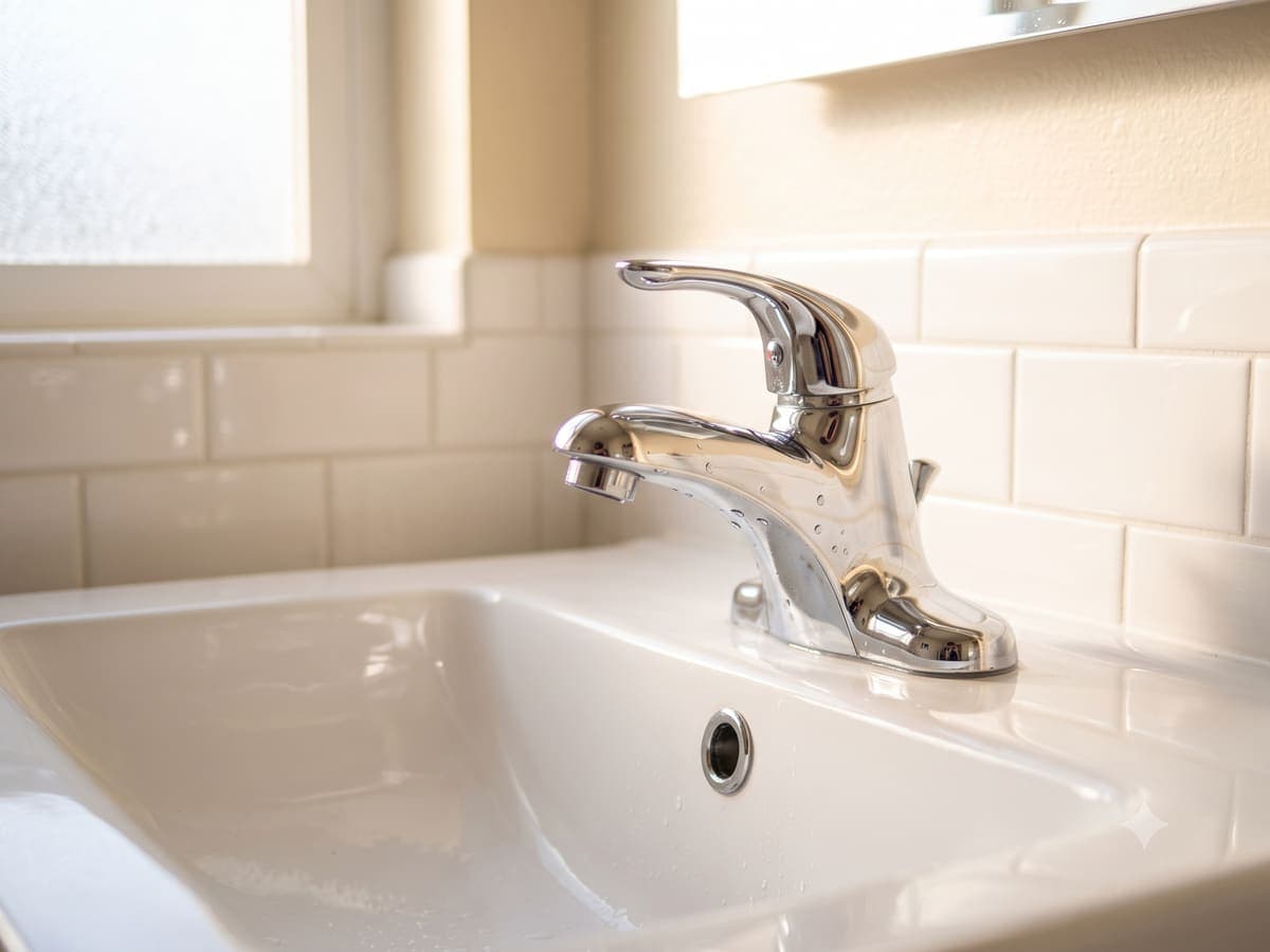 A polished chrome bathroom faucet after a deep clean