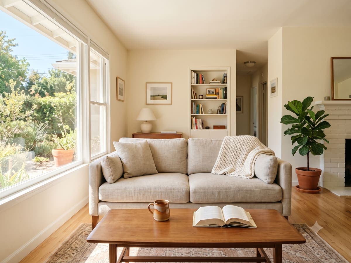 A tidy, sunlit living room kept consistent by recurring cleaning
